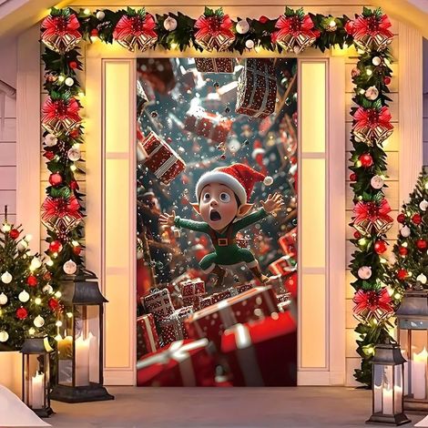 Rideau de porte de Noël 2026, bannière extérieure avec fond photo Père Noël et chien, tissu à suspendre - 90 x 180 cm (œillets + ruban) - 26