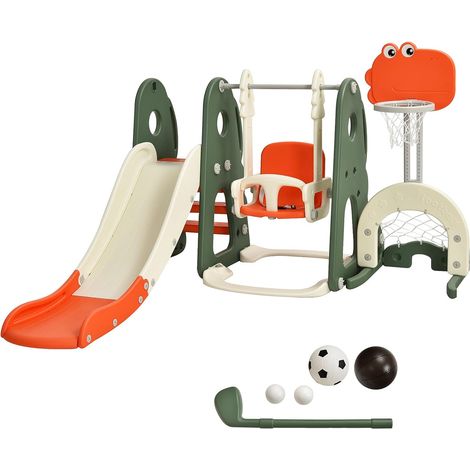 COSTWAY 6 in 1 Kinder Spielplatz, Kinder Rutsche & Schaukel & Basketballkorb & Leiter & Fußballtor & Golfloch, Schaukelgerüst Gartenschaukel Kinderschaukel, Kinderrutsche Indoor Outdoor Orange (1/5)