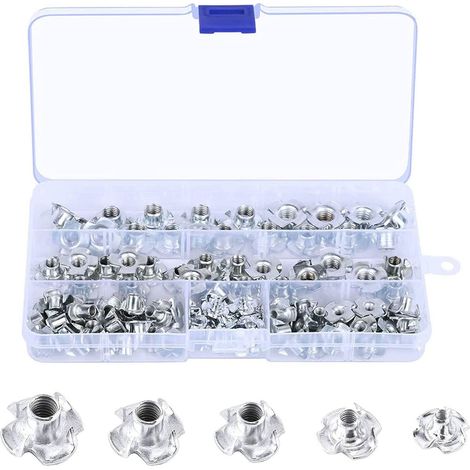 90 Pièces Écrou en T à 4 Griffes, Écrous à Griffes en Acier au Carbone, Écrous à Enfoncer avec Boîte en Plastique, Écrou en T Inserts Acier Fileté, pour Bois, Armoires(Argent) (1/5)