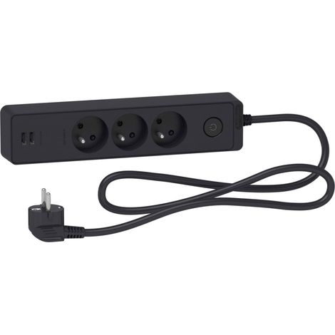 Cable alargador Odace de 3 tomas con 2 conectores USB, 1,5 m, color antracita ST933U1B