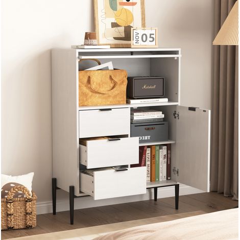 Buffet 85x40x120 cm blanc en panneaux de particules avec 3 tiroirs, 2 portes et étagères réglables (1/5)