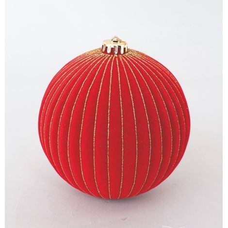 Rote Weihnachtskugel aus Samt mit goldenen Streifen Ø15 cm