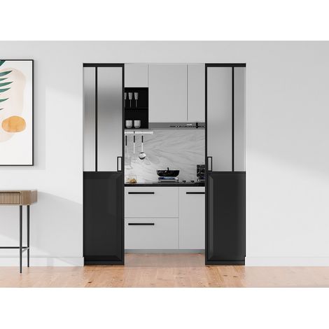 Porta scorrevole doppia atelier con sistema a incasso 2xH205xL93cm Nero e Vetro temperato smerig. - ARTISTO II (1/4)