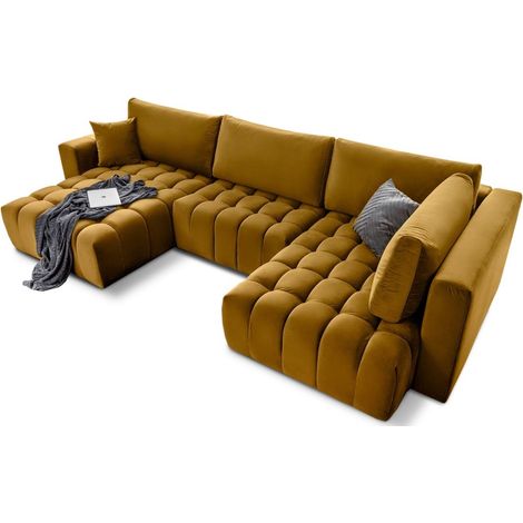 Canapé d'angle BONITA convertible 6 places jaune tissu – gauche – 350x175cm (1/3)