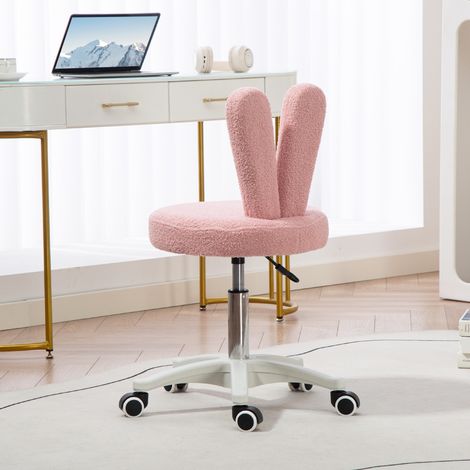 Bureau ajustable en hauteur avec dossier à oreilles de lapin, revêtement en fourrure rose Teddy, dimensions 53x53x70-84 cm