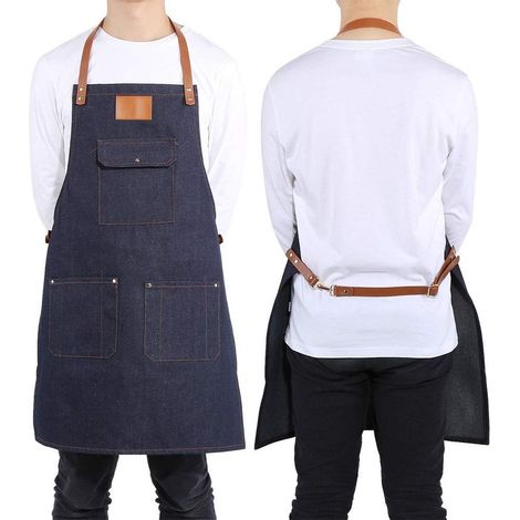 GOTOTOP Tablier en denim avec poches adultes hommes femmes sangle en cuir boulanger barman barbecue chef bavoir travail cuisinier uniforme cuisine (23,62 x 29,53 po)(Bleu). (1/5)