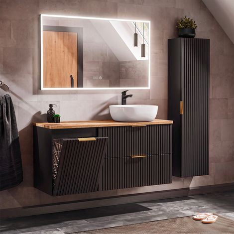 Ensemble meuble simple vasque 120cm panier à linge et colonne Adriel Noir et Bois (1/5)