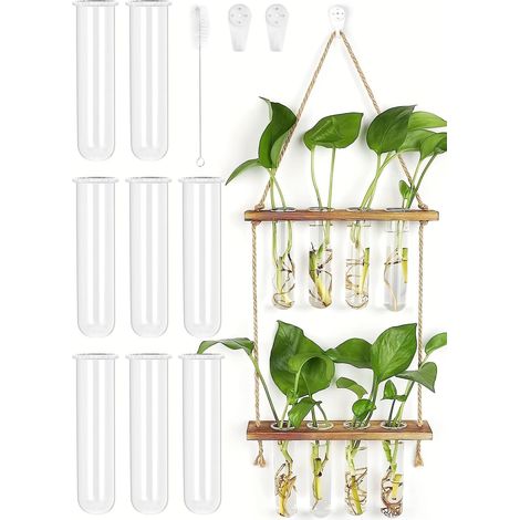 Vase Mural 2 Étages - 8 Tubes Essai Verre - Support Bois Naturel - Décoration Hydroponique Intérieur Jardin - 42x20cm (1/5)