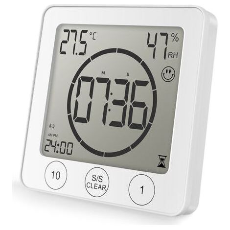 Robinet de douche de salle de bain, étanche, commande tactile, alarme numérique LCD, thermomètre-hygromètre, minuteur, fonctionne sur piles, pour maquillage/cuisine (blanc) (1/3)