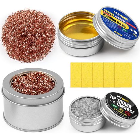 Nettoyant de Pointe de fer Kit de Contient 1 Flux de pâte à souder/1 Nettoyant pour panne de soudure/1 Support de Fer à Souder/2 Boules en Laiton/5 Éponges (1/5)