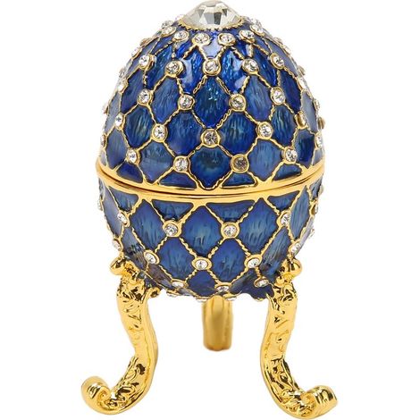 Boîte à bijoux œuf en alliage de zinc, porte-bague articulé, boîte figurine de collection avec base trépied dorée bleue (1/5)