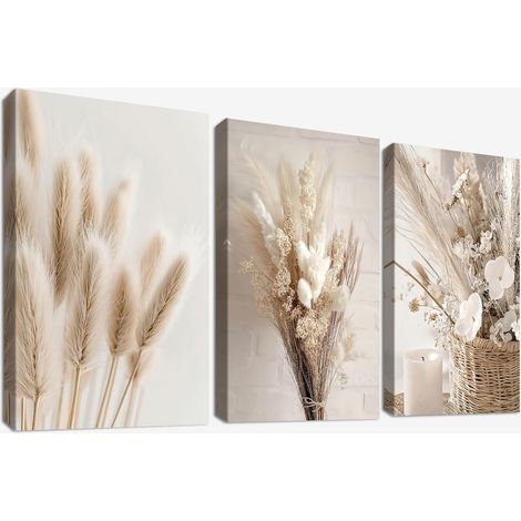 3Pcs Cadre en Bois Impression sur Toile Beige Boho Herbe de Pampa Tableau Image sur Toile Fleur nordique Sauge Herbe Séchée Peinture Tableau Decoration Murale Salon Chambre Salle de Bain 30x40cmx3pcs (1/5)