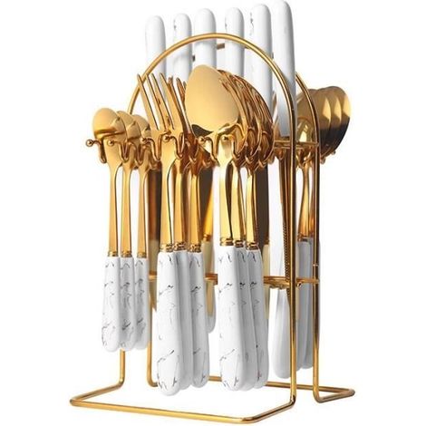 (Blanc)Ensemble de couverts à steak en acier inoxydable avec manche en céramique 24 pièces - Blanc