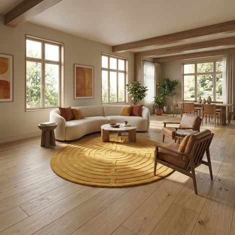 Tapis en laine TwistingTurns - Tapis en laine  - 150x150cm, Round - 100% Laine vierge - Tufté main - Jaune