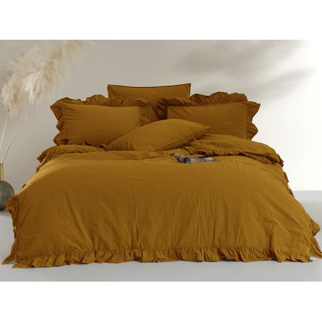 Bettwäsche-Set 220x200 cm, 100 % gekräuselte Baumwolle mit Rüschen, senffarben (1/3)