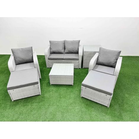 Fimous Light Grey PE Wicker Rattan Garden Furniture Set Sofa Set Reclining Adjustable Chair Square Coffee Table 6 Seater 2 Big Stools Side Table (1/4)