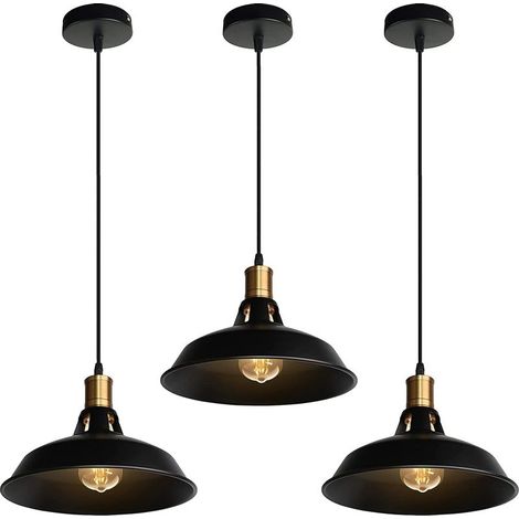 Suspension Chandelier Industrial Vintage Fixture Ceiling E27 Living room Shade-day Ceiling in Metal Retro Style Nordique Design Cable Adjustable (Black, 3pcs) (1/5)