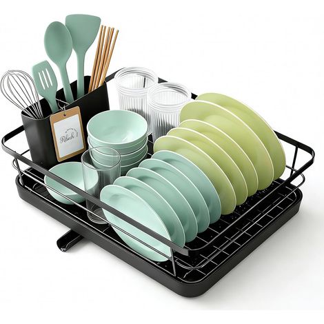 Egouttoir Vaisselle Cuisine Noir - Egoutoire Compact et Gain de Place, Seche Vaisselle en Acier Inoxydable avec Porte-Couverts, 30,5 x 38,1 x 12,5 cm (1/5)
