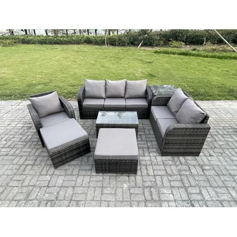 Fimous Gartenmöbel-Sets 7 Stücke Polyrattan Möbel Sofa Set mit Rechteckiger Couchtisch Loveseat Sofa 2 hohen Hockern Beistelltisch (1/5)