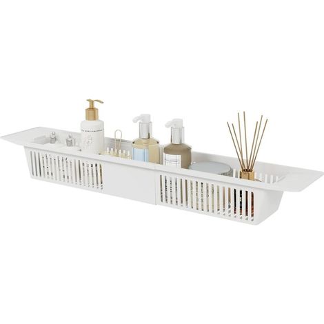 Panier de rangement de baignoire en plastique, réglable, 57-86 cm, extensible, pour jouets et douche. (1/5)
