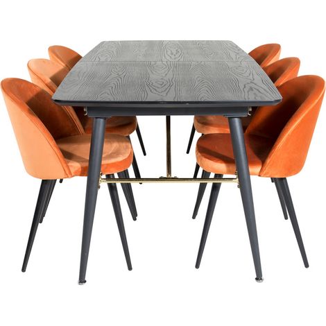 Gold Essgruppe Esstisch Ausziehbarer Tisch Länge cm 180 / 220 schwarz und 6 Velvet Esszimmerstühle Velour orange, schwarz.