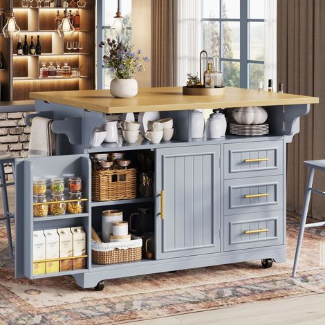 Îlot central cuisine mobile sur roulettes 120x40/80x95 cm, double plateau rabattable, portes rainurées, 3 tiroirs, étagères réglables, Bleu et chêne (1/5)