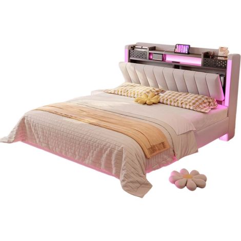 Letto Matrimoniale Imbottito 140 x 200 cm con USB, LED e Vano Contenitore, senza Materasso, Beige (1/5)