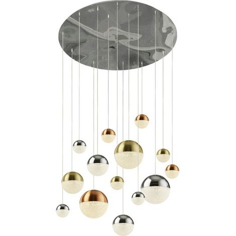 Searchlight Planets Suspension à 14 lampes en cuivre, chrome, capuchons en laiton satiné et cristal de sable 4000K (1/3)