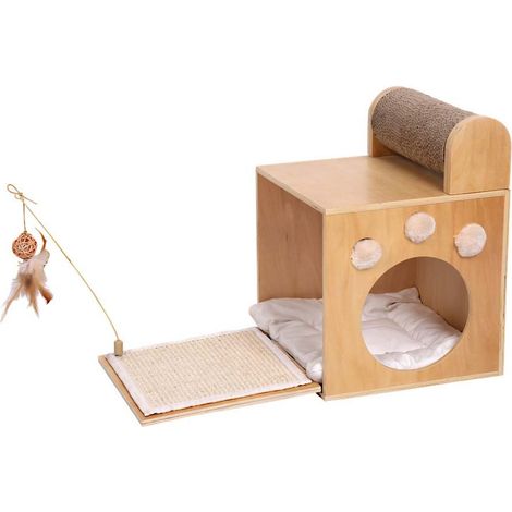 Griffoir Magic Box avec niche complet avec coussin et plumes d'autruche pour chats (1/3)
