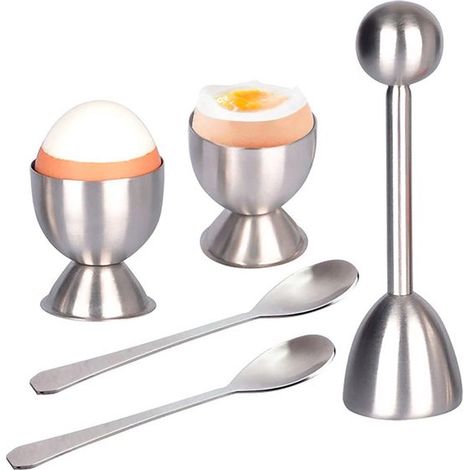 Abrehuevos de 5 piezas: Cortador de cáscaras, Cortador de huevos, Abrehuevos de acero inoxidable con cuchara y huevera, duros o crudos, Plateado (1/5)