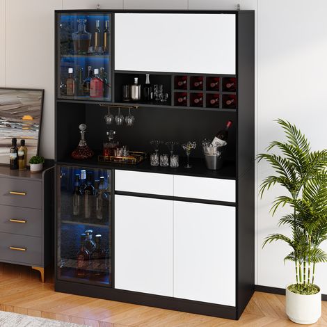 Highboard 120x35x180 cm, con illuminazione LED, vetrina, portabottiglie, MDF, nero e bianco (1/5)