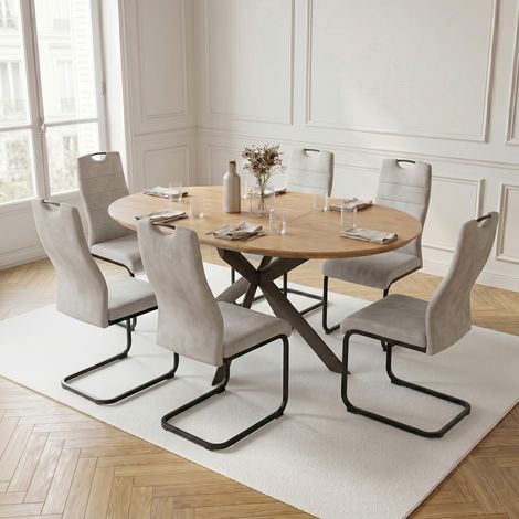 Ensemble de table à manger ronde extensible, plateau rond en MDF finition chêne (110-150 cm), style moderne et contemporain pour la salle à manger et la cuisine (6 chaises, Tissu, Gris Clair)
