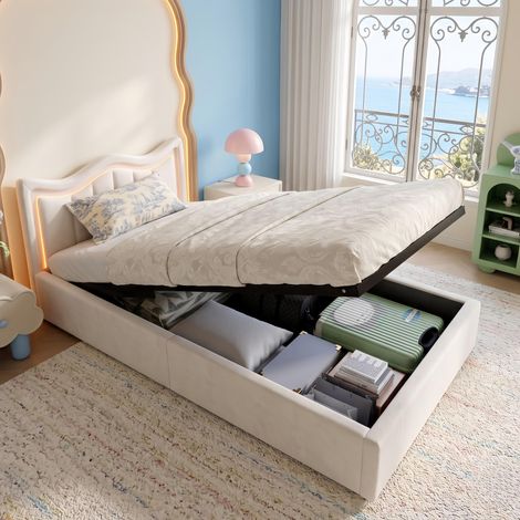 Lit Coffre Simple 90x190 cm velours Blanc, lit rembourré avec sommier à lattes, avec éclairage LED, rangement, design moderne