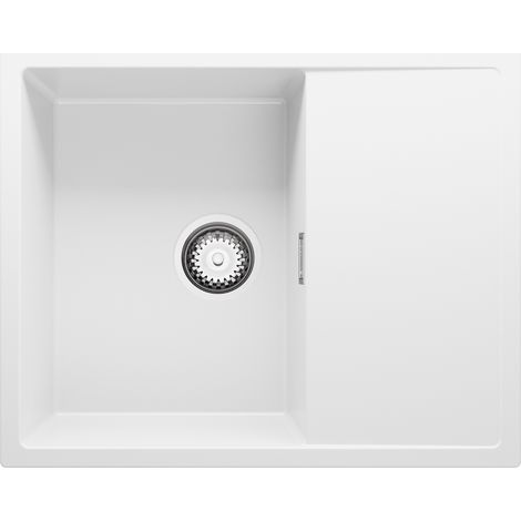 PRIMAGRAN Evier Cuisine en Granit 62x50cm, Lavabo 1 bac + Kit de Vidage, Évier à Encastrer au meuble 45cm - Ibiza, Blanc (1/5)