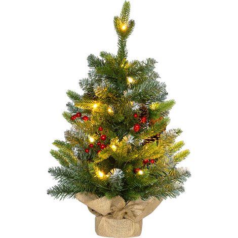 Sapin de Noël de table de 60 cm avec lumières LED, 141 pointes, pommes de pin et baies rouges, base en béton (1/5)
