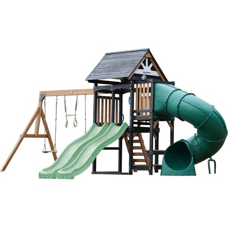 Axi Cody Aire De Jeux En Bois, 2 Balançoires, Toboggan Tubulaire Et Double Toboggan Vert Pastel  Maisonnette Xxl Pour Enfants Avec Structure D'Escalade Et Trapèze  Pour Le Jardin