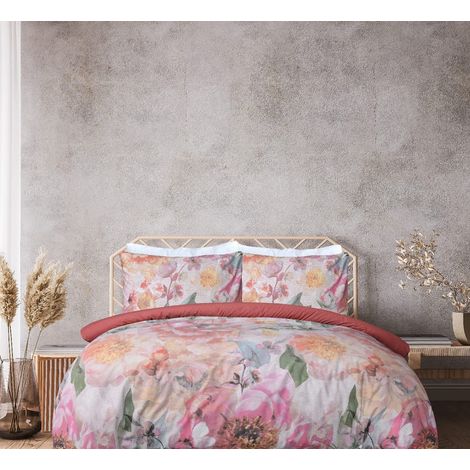 Parure de lit 100% Pur Coton avec Housse de Couette et taies d'oreiller Motif Floral Multicolore uni Rose foncé Taille King Size 230 x 220 cm (1/4)