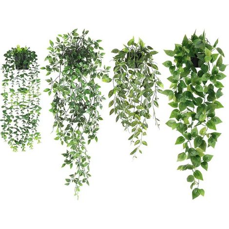 1 Plante suspendue artificielle, lierre eucalyptus fougère, plastique résistant UV imperméable, pot blanc, décoration intérieur extérieur (1/5)