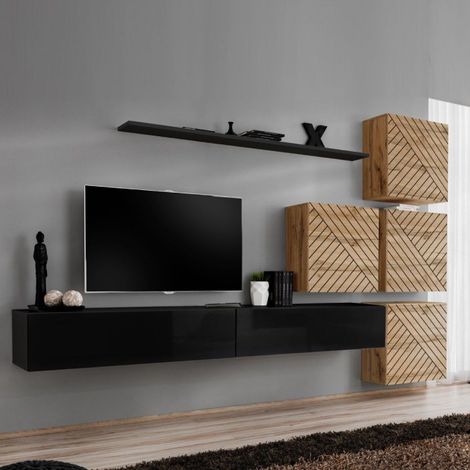 Ensemble Meuble TV "Switch Lamel IX" 310cm Noir & Naturel (1/5)