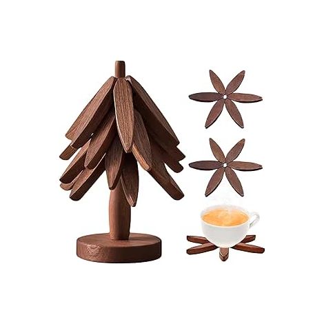 Dessous de plat pliable en forme d'arbre, dessous de plat en bois pour plats chauds, dessous de plat pour plats chauds, dessous de plat réutilisables en bois de noyer noir restaurant (1/5)