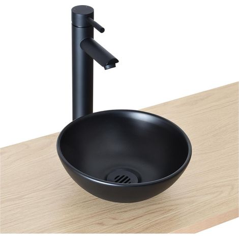 Mob-In – Vasque à poser ronde en céramique noir mat 26cm – Finition élégante – Trou d'évacuation standard 45mm – Idéale pour petits espaces (1/5)