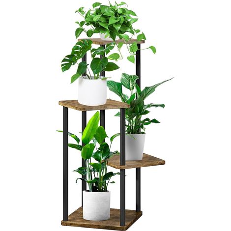 Support de Plante en Métal Bois, Multiple Étagère à Fleurs Support de Pots Fleurs Porte Plantes Interieur, Décoratif Présentoir Étagère de Pots Fleurs pour Salon Balcon (4 Niveaux, Noir) (1/5)