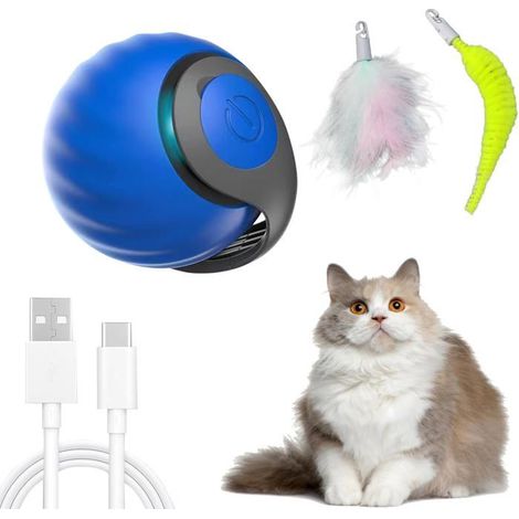 Balle interactive pour chat, jouet à mouvement automatique avec queue en plumes - Bleue (1/5)
