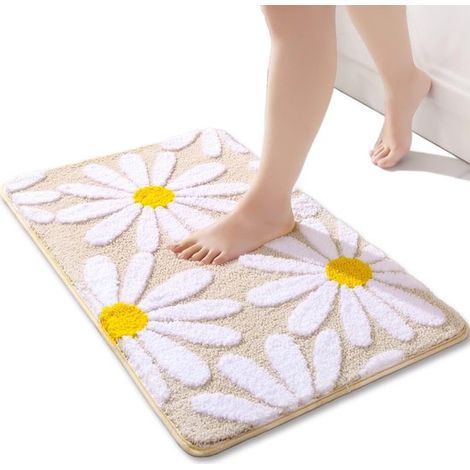 Tappeto da bagno beige, graziose margherite, tappetino da bagno, antiscivolo, lavabile, fiori bianchi e gialli, morbido tappetino per doccia, assorbente, tappeto da bagno, 40 x 60 cm (1/5)