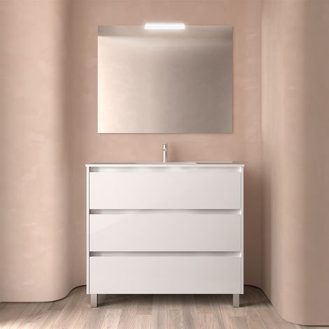 Badezimmermöbel NOJA 1000 3 Schubladen WHITE GLOSS + Waschtisch + Spiegel (1/2)