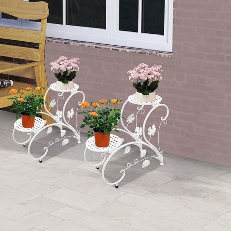Blumenständer aus Metall, 2-stöckiges Pflanzregal für Balkon und Garten, Pflanzenständer, Blumenhocker, Pflanzenhocker, Blumenregal, Etagen Blumentreppe Indoor & Outdoor, 452041 cm (Weiß) (1/5)