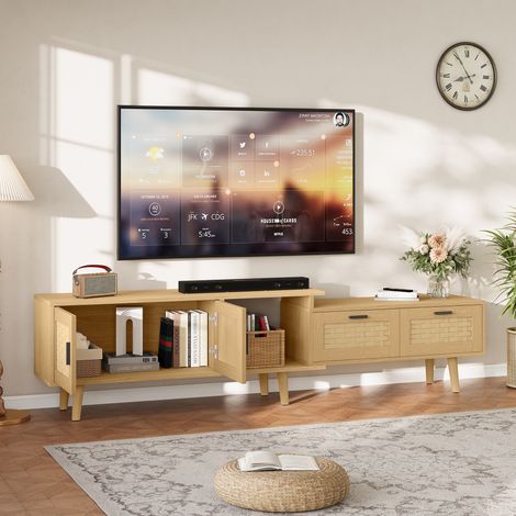 Ausziehbares TV-Lowboard 146–180 cm, für Fernseher bis 75 Zoll, 3 Schubladen, Naturholzoptik – Maße 169 x 30 x 44 cm