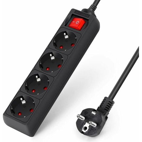 Multiprise avec Interrupteurs individuels, avec 4 Prises et 3 USB Chargeur Bloc (3680W 16A) Cable 2m pour Smartphone Tablette- Noir (1/3)
