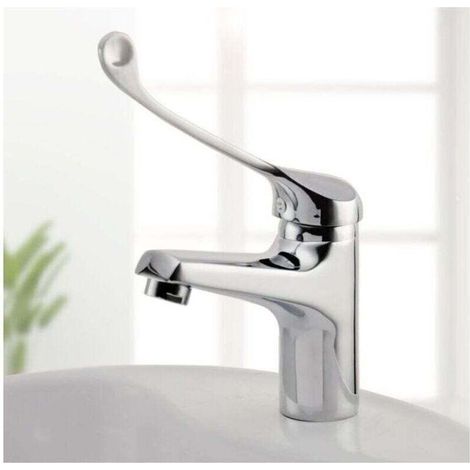 Mitigeur Lavabo avec Poignée Médicale, Robinet de Salle de Bains PMR, Chromé, Argent Poignée allongée (1/5)