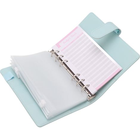 Classeur à anneaux A6 en similicuir bleu, 6 trous, 12 feuilles de budget et 8 pochettes transparentes à fermeture éclair.